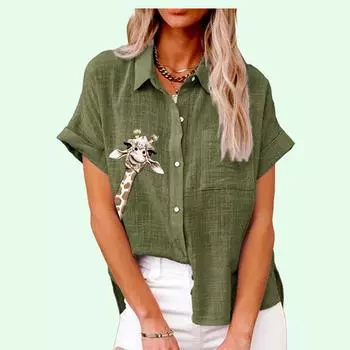 Женская мода, льняной топ с лацканами и вырезом, летняя и осенняя повседневная футболка, женские блузки на пуговицах с короткими рукавами, свободная футболка с принтом S белый