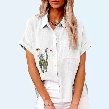 Женская мода, льняной топ с лацканами и вырезом, летняя и осенняя повседневная футболка, женские блузки на пуговицах с короткими рукавами, свободная футболка с принтом S белый