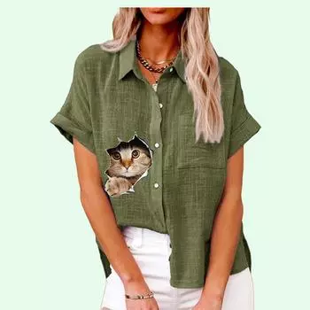 Женская мода, льняной топ с лацканами и вырезом, летняя и осенняя повседневная футболка, женские блузки на пуговицах с короткими рукавами, свободная футболка с принтом S белый
