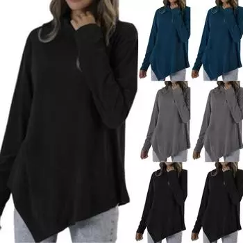 Женская мода, легкий однотонный повседневный топ с длинным рукавом и высоким воротом S чёрный