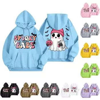 Женская мода, легкий женский свитер с длинными рукавами и карманами, толстовка с капюшоном и принтом на Хэллоуин L серый