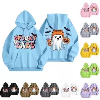 Женская мода, легкий женский свитер с длинными рукавами и карманами, толстовка с капюшоном и принтом на Хэллоуин XL