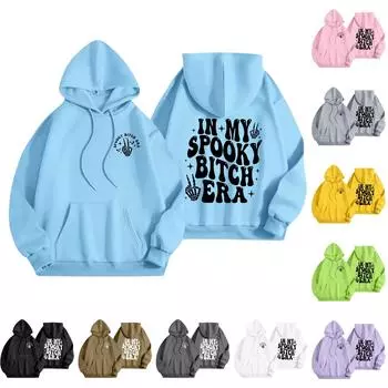 Женская мода, легкий женский свитер с длинными рукавами и карманами, толстовка с капюшоном и принтом на Хэллоуин L