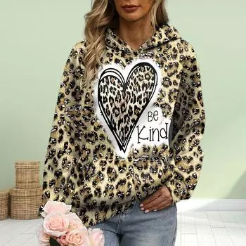 Женская мода леопардовый принт любовь принт свободные толстовки топы блузка свитшот повседневный длинный рукав пуловер топы XS жёлтый