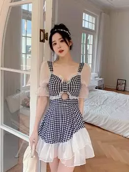 Женская мода, летнее платье для плавания с кружевной отделкой «гусиные лапки», цельный купальник с шортами для мальчиков, монокини с контролем живота, утягивающий купальник, скромный купальный костюм M