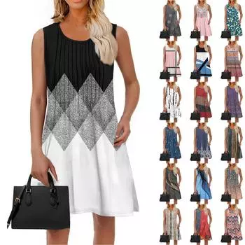 Женская мода летнее платье с цветным лоскутным принтом, свободное пляжное повседневное платье без рукавов для отдыха XL