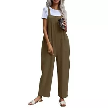 Женская мода, летние брюки-комбинезон из хлопка и льна, свободный повседневный комбинезон с карманами S кофейный