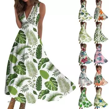 Женская мода летние цветочные принты V-образный вырез без рукавов туника повседневные платья L армия зеленый