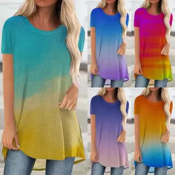 Женская мода, летние длинные туники, повседневные топы, рубашки с короткими рукавами с принтом, футболки