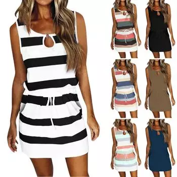 Женская мода Летние платья для отдыха для женщин Короткое платье без рукавов с карманами L чёрный