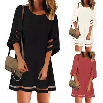 Женская мода Летние платья Повседневные платья с круглым вырезом и сетчатыми вставками с рукавами-колокольчиками XL белый