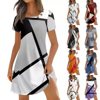 Женская мода, летние платья с квадратным вырезом и коротким рукавом, повседневные свободные платья с карманами и пуговицами в стиле пэчворк с принтом L чёрный