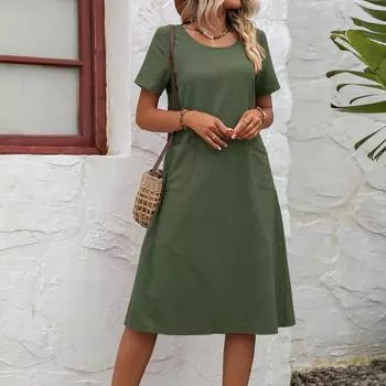 Женская мода летние свободные однотонные платья с круглым вырезом и короткими рукавами и карманами L