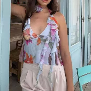 Женская мода, летние топы на бретелях, сексуальный топ без рукавов с бретелькой на шее, укороченный топ с цветочным принтом и листьями, бандажный жилет, женская верхняя одежда, наряды S синий