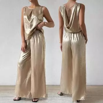 Женская мода летний безрукавка жилет топ высокая талия висячие широкие брюки S хаки