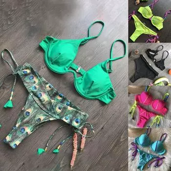 Женская мода, летний новый однотонный пляжный купальник с завязками, сексуальный разделенный комплект из двух предметов, бикини, купальник M зелёный