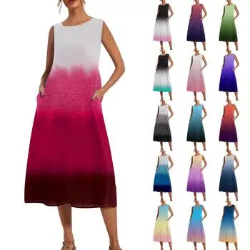 Женская мода Летний принт Свободное платье без рукавов Свободного кроя средней длины L синий