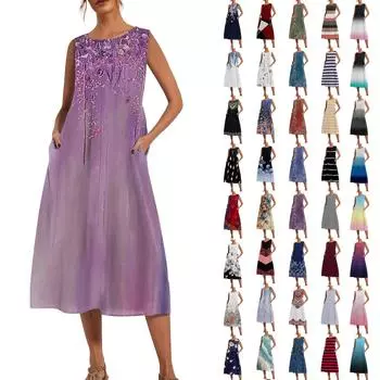 Женская мода Летний принт Свободное платье без рукавов Свободного кроя средней длины L чёрный