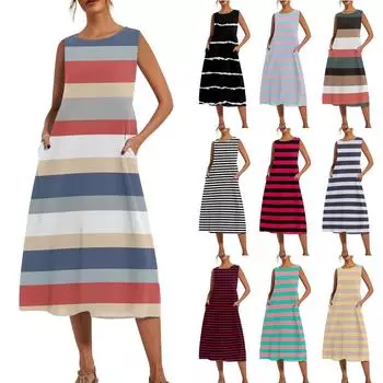 Женская мода Летний принт Свободное платье без рукавов Свободного кроя средней длины L чёрный