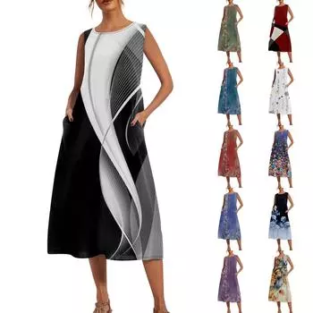 Женская мода Летний принт Свободное платье без рукавов Свободного кроя средней длины L