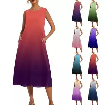 Женская мода Летний принт Свободное платье без рукавов Свободного кроя средней длины L циан