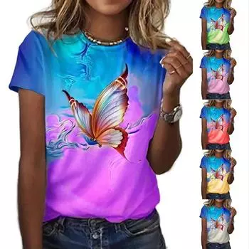 Женская мода, летний пуловер с принтом бабочки в стиле ретро, круглый вырез, футболка с короткими рукавами, топ