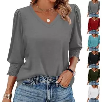 Женская мода летний свободный V-образный вырез обтягивающий плиссированный топ со средним рукавом M циан