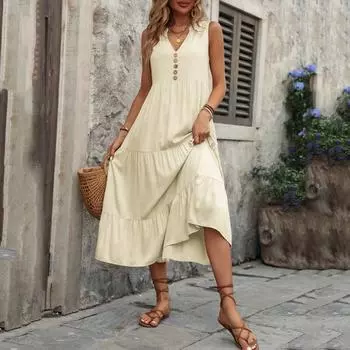 Женская мода, летний свободный жилет на пуговицах, однотонные платья без рукавов с завязками L бежевый