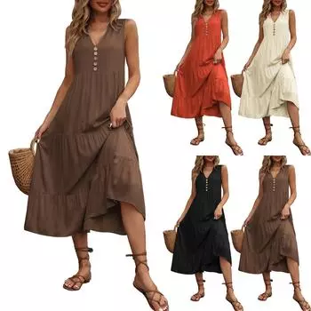 Женская мода, летний свободный жилет на пуговицах, однотонные платья без рукавов с завязками L бежевый