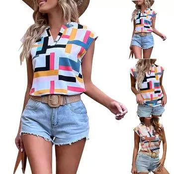 Женская мода летний топ с географическим принтом и вырезом на рукаве с V-образным вырезом L светло-синий