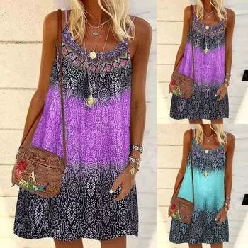 Женская мода Летний жилет с принтом Камзол Свободное повседневное платье без рукавов One size синий