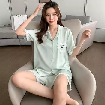Женская мода летняя домашняя одежда из шелка Ice Silk, комплект из 2 предметов, пижама с коротким рукавом, милая кружевная домашняя одежда M