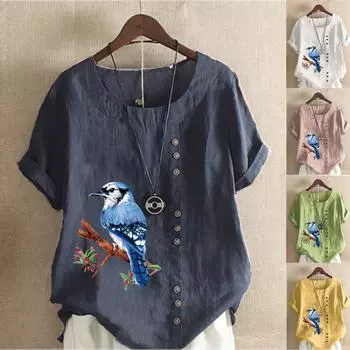 Женская мода, летняя футболка с круглым вырезом и коротким рукавом, повседневная хлопковая льняная рубашка с рисунком, свободная блузка с принтом для отдыха, топы больших размеров M темно-синий