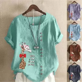 Женская мода, летняя футболка с круглым вырезом и коротким рукавом, повседневная хлопково-льняная рубашка с рисунком, свободная блузка для отдыха с принтом жирафа, топы больших размеров M фиолетовый