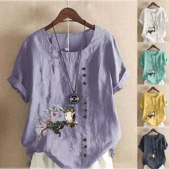 Женская мода, летняя футболка с круглым вырезом и коротким рукавом, повседневная хлопково-льняная рубашка с рисунком, свободная блузка для отдыха с милым принтом птиц, топы больших размеров M жёлтый