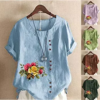 Женская мода, летняя футболка с круглым вырезом и коротким рукавом, повседневная хлопково-льняная рубашка с рисунком, свободная блузка с принтом цветов и растений для отдыха, топы больших размеров M синий