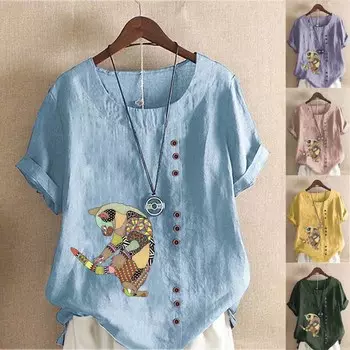 Женская мода, летняя футболка с круглым вырезом и коротким рукавом, повседневная хлопково-льняная рубашка с рисунком, свободная блузка с принтом кота для отдыха, топы больших размеров M фиолетовый