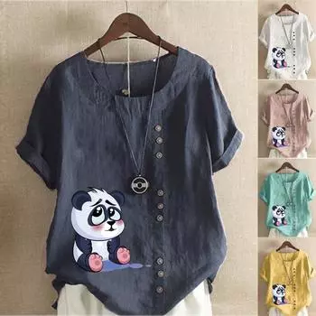 Женская мода, летняя футболка с круглым вырезом и коротким рукавом, повседневная хлопково-льняная рубашка с рисунком, свободная блузка с принтом панды для отдыха, топы больших размеров M темно-синий