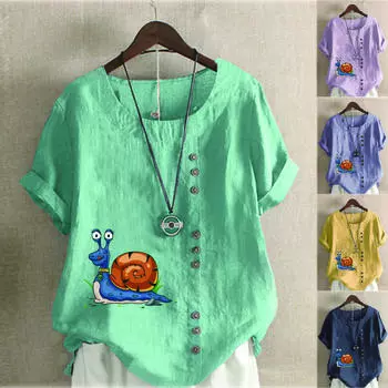 Женская мода, летняя футболка с круглым вырезом, короткая милая футболка с рукавами с принтом улитки, повседневная хлопково-льняная рубашка с рисунком, свободная блузка для отдыха, топы больших размеров M розовый