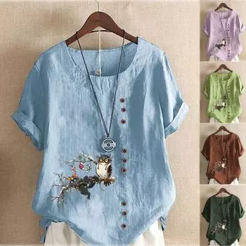 Женская мода, летняя футболка с круглым вырезом, короткая милая футболка с рукавами с принтом птиц, повседневная хлопково-льняная рубашка с рисунком, свободная блузка для отдыха, топы больших размеров M розовый