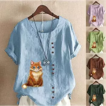 Женская мода, летняя короткая футболка с круглым вырезом и милым котом на рукавах, повседневная хлопково-льняная рубашка с рисунком, свободная блузка для отдыха, топы больших размеров M синий