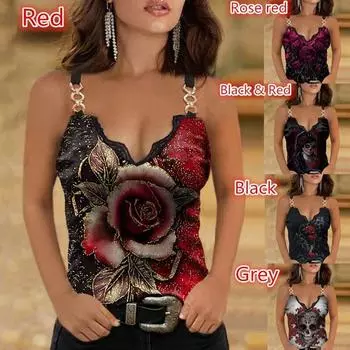 Женская мода, летняя кружевная майка без рукавов с v-образным вырезом и принтом розы, повседневный жилет на бретелях M красный