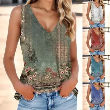 Женская мода, летняя майка с V-образным вырезом, легкая майка без рукавов с принтом L синий