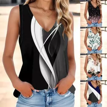 Женская мода, летняя майка с V-образным вырезом, легкая майка без рукавов с цветочным принтом L чёрный