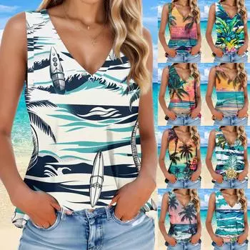 Женская мода, летняя майка с V-образным вырезом, легкая майка без рукавов с принтом M