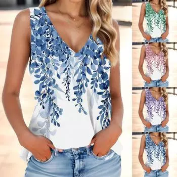 Женская мода, летняя майка с V-образным вырезом, легкая майка без рукавов с цветочным принтом M зелёный