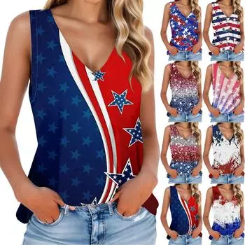 Женская мода, летняя майка с V-образным вырезом, легкая майка без рукавов с принтом L синий