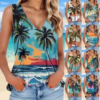 Женская мода, летняя майка с V-образным вырезом, легкая майка без рукавов с принтом XXXXXL