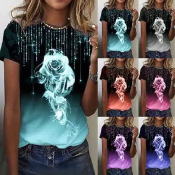 Женская мода, летняя новая повседневная футболка с круглым вырезом и принтом розы, короткий рукав L синий