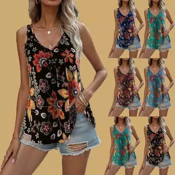 Женская мода, летняя новая повседневная майка без рукавов с v-образным вырезом и цветочным принтом, футболка, свободный топ, рубашка S чёрный